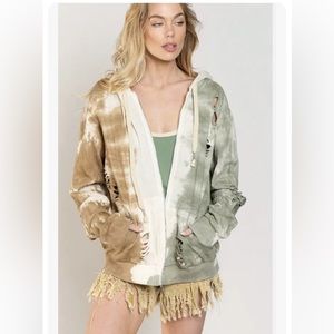 NWT $109 WOMEN’S POL DISTRESS CREAM TIE DIE ZIP UP HOODIE SWEATSHIRT SIZE SMALL
